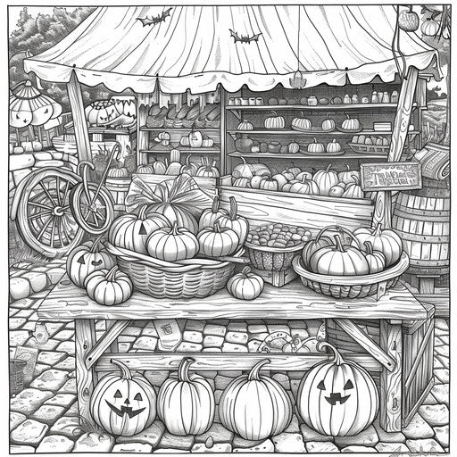 Historical Halloween market scene in the style of Gennady Spirin coloring book page