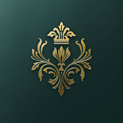 Logos with a traditional serif font and a classic emblem, in dark green and gold