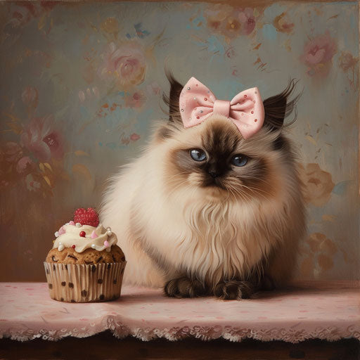 Himalayan cat with a tiny bow on its head, next to a cupcake