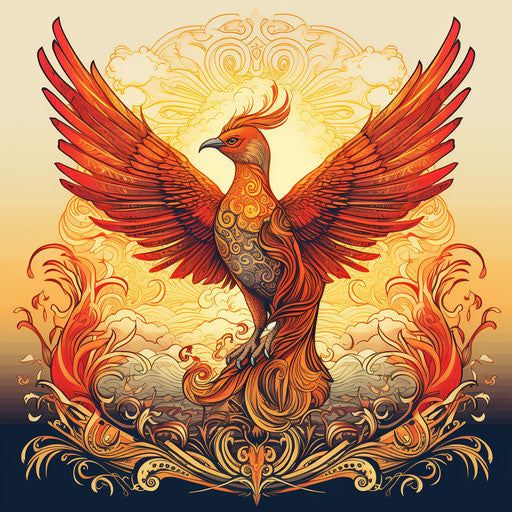 A cute phoenix with a sun in the sky