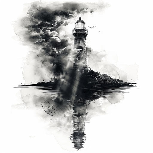 Lighthouse beam cutting through fog in monochrome clipart