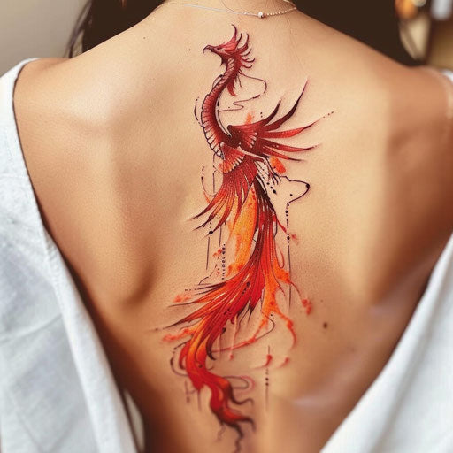 Stylized phoenix spine tattoo in red and orange on white