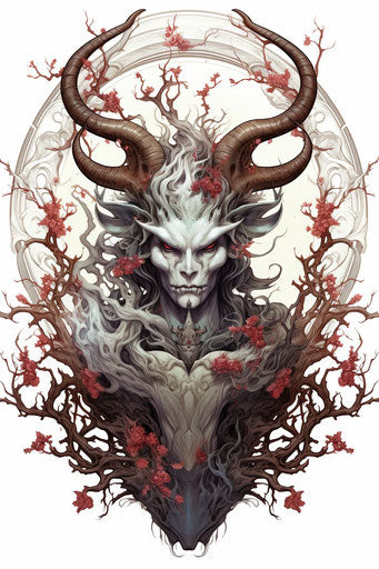 Ancient Buddhist deity with white frame and horn