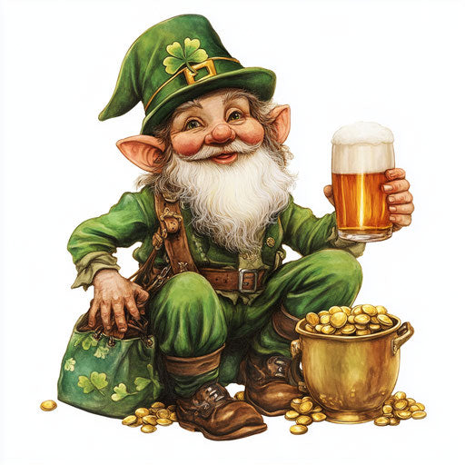 Saint Patrick's Day gnome drinking beer, pot of gold, Irish flag, white background clipart
