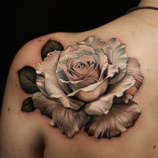Realistic tattoos of a delicate rose, in the style of Ami James, on the shoulder