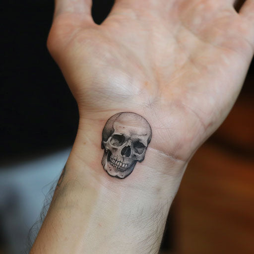 Small skull wrist tattoo in the style of Adrian Smith