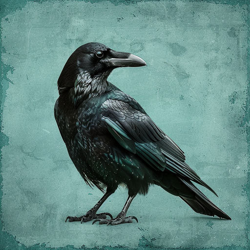 Realistic crow illustration with flat teal background