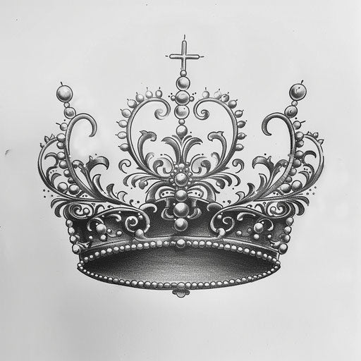 Sketch of elegant queen crown tattoo with delicate lace patterns and subtle pearl accents on white paper
