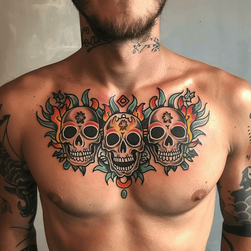 Men's chest tattoo traditional skulls flames