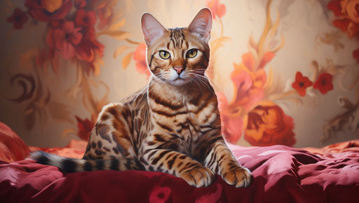 Bengal cat sitting on a bed looking into the camera