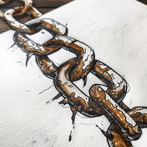 Vintage rusty chain tattoo design on white sheet