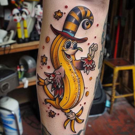 Whimsical flat tattoo sketch of a banana dressed up in a circus performer's outfit