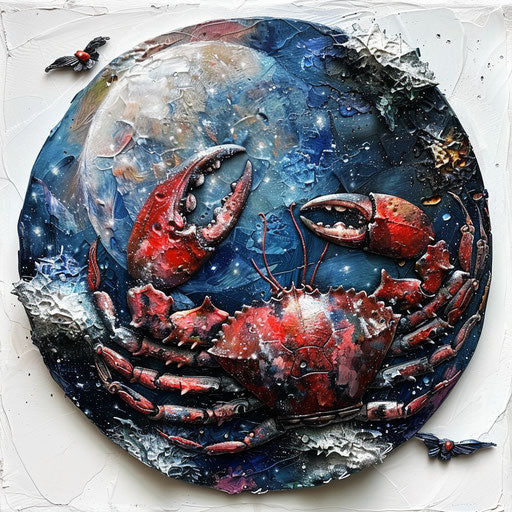 Oil painting of the Cancer sign, rich textures and deep colors on white canvas