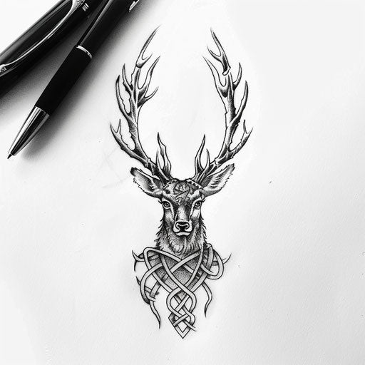 Celtic deer tattoo design with knotwork details on white