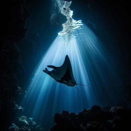 Manta ray silhouette in underwater cave