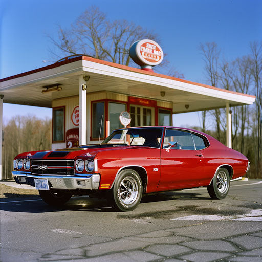 Immaculate 1977 Cherry Red Chevelle at Vintage Gas Station