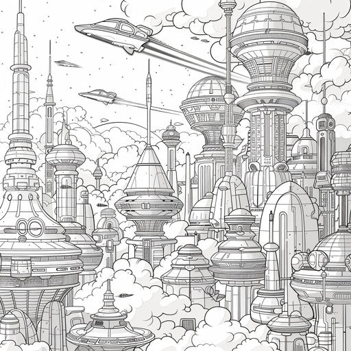 Futuristic city with towering buildings and hovercrafts