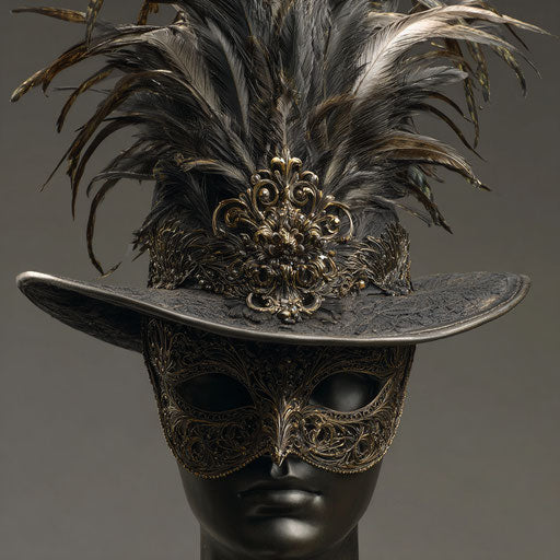 Woman with masked face and dramatic hat