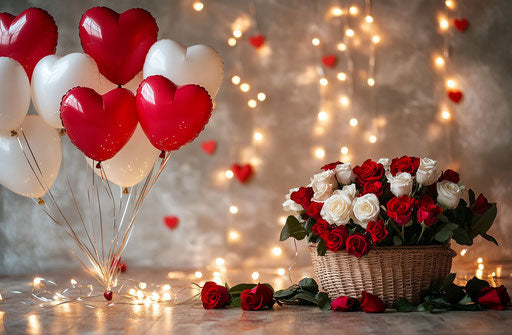 Red and white heart-shaped balloons with roses and lights