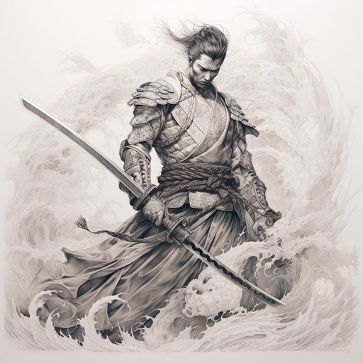 Detailed drawing of a samurai sword in white armor