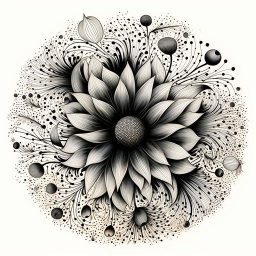 Black and white round doodle with central pattern