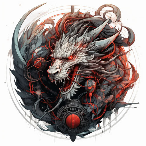 Black and red Chinese dragon drawing, solarpunk style