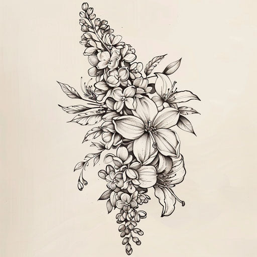 Birth flower bouquet sketch in woodcut style