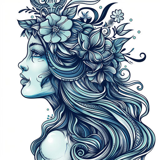 Beautiful flat tattoo sketch clipart style of Aphrodite with ocean blue and seafoam green accents
