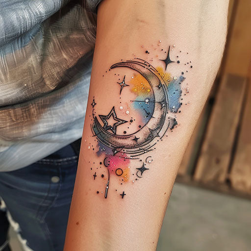 Sketch of a mystical moon and stars with watercolor effect for wrist coverup tattoo for women