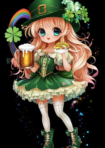 St. Patrick's Day girl with rainbow and beer kawaii style