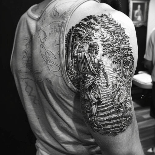 Epic mythological journey shoulder tattoos for men