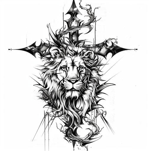 Lion cross tattoo design: mane and claws on white background