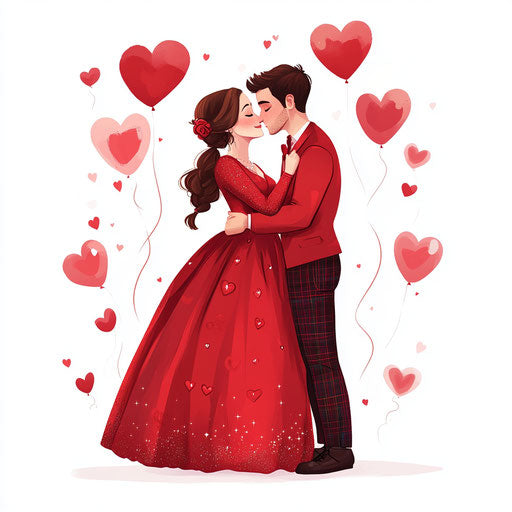 A cute couple in red, surrounded by heart-shaped balloons