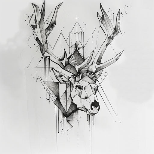 Abstract geometric deer skull tattoo design with sharp angles and monochrome palette on white background