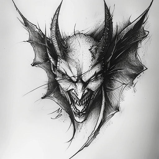 Black and white devil tattoo with stark contrast
