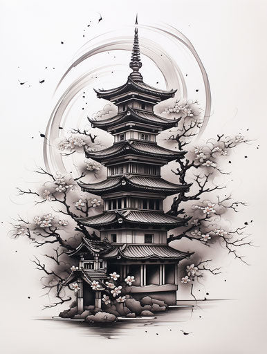 Drawing of a Japanese pagoda in black and white pen