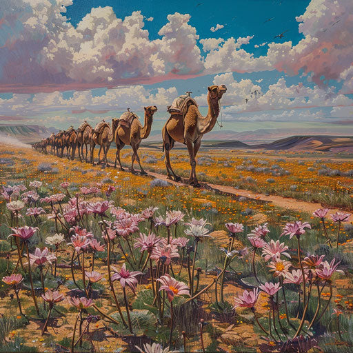Camel train in field of desert lilies