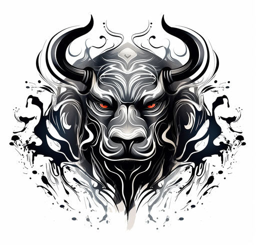 Bull tattoo in abstract cartoon style, elegant calligraphy