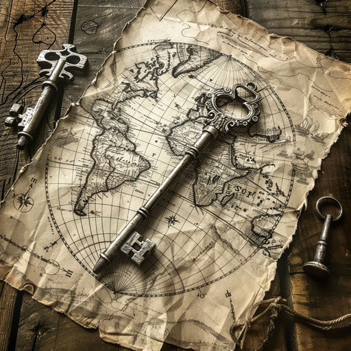 Adventurous tattoo sketch of a treasure key on a map background with sepia tones