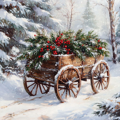 Vintage wooden wagon with evergreen branches and red berries in snow