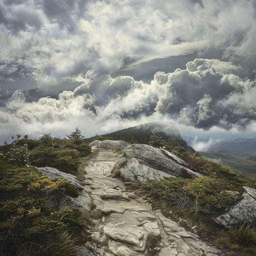 Hiking trails on Grandfather Mountain with dramatic clouds