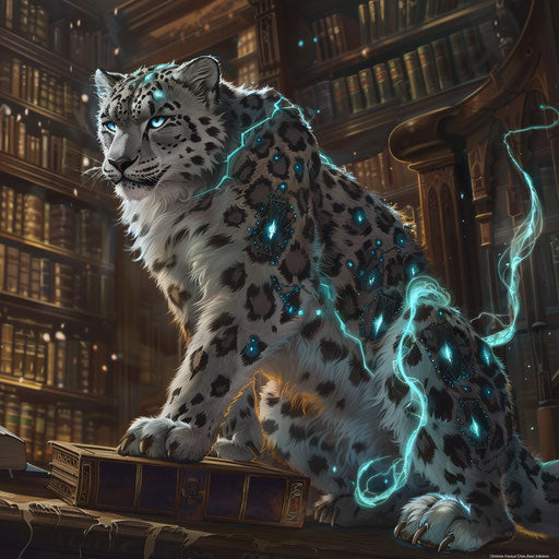 Enchanted snow leopard in an ancient library