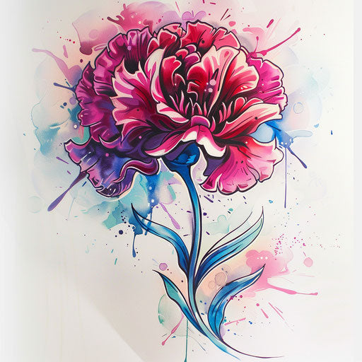 Graffiti style carnation tattoo with vibrant colors on white