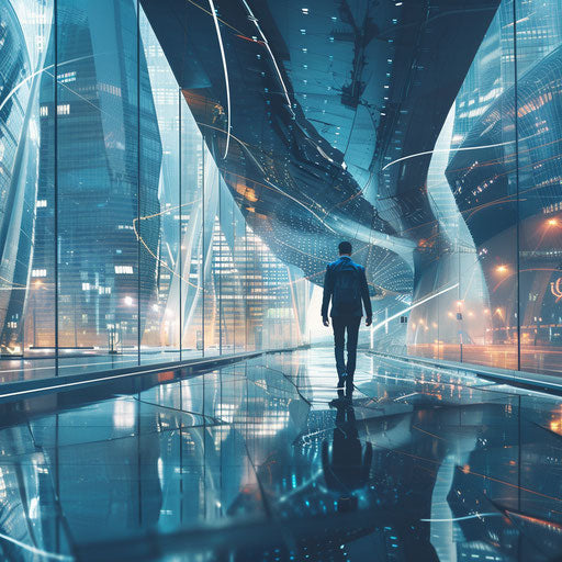 A businessman walking in a modern tech hub