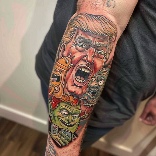 Forearm tattoo with a political satire