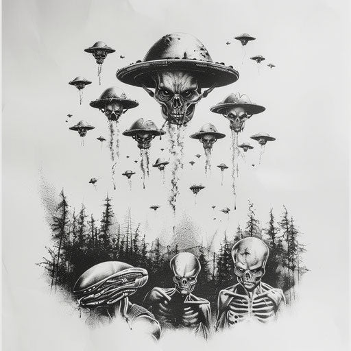 Sinister alien abduction scene with UFOs, horror tattoo artwork designed for a white backdrop