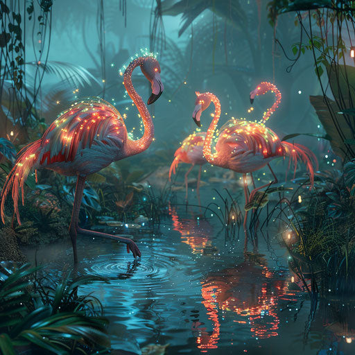 Flamingos with glowing feathers at nocturnal festival