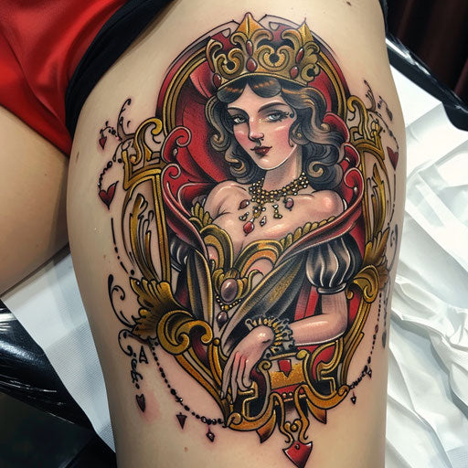 Baroque Queen of Hearts tattoo with ornate gold details