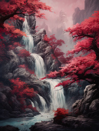 Mountain falls in front of red leafed tree