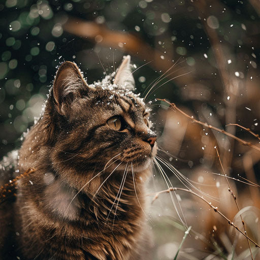 Brown cat in a field while it's snowing